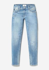 Vaqueros pitillo azul claro con ligero desgaste y detalles desgastados, cinco bolsillos, cierre de botón metálico y cremallera, y dobladillo cosido.