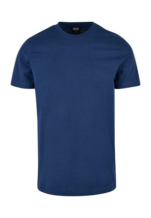 Navyblaue Baumwoll-T-Shirt mit klassischem Rundhalsausschnitt, kurzen Ärmeln und geradem Saum. Glatte Textur ohne sichtbare Muster oder Akzente.