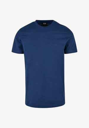 Navyblaue Baumwoll-T-Shirt mit klassischem Rundhalsausschnitt, kurzen Ärmeln und geradem Saum. Glatte Textur ohne sichtbare Muster oder Akzente.