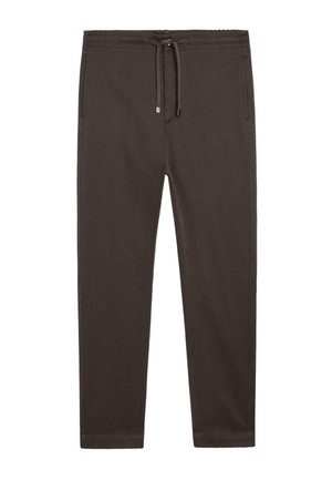 Pantalon de jogging marron foncé en tissu doux, avec une taille élastique munie d'un cordon de serrage ajustable et des jambes fuselées avec ourlets cousus.