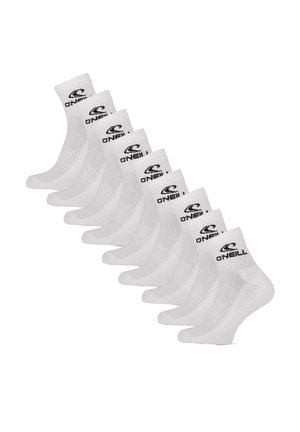 Zehn Paare weiße Sportsocken mit schwarzem O'Neill-Logo am Bündchen, diagonal auf weißem Hintergrund angeordnet.
