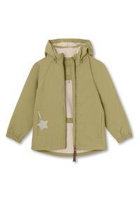 Grüne leichte Jacke mit Kapuze, mit einem Sternakzent auf der linken Seite, elastischen Bündchen und einem weichen Innenfutter. Reißverschluss vorne.