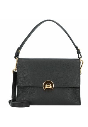 Sac à main en cuir noir avec une finition texturée, une anse supérieure, une bandoulière amovible et un détail de fermeture en métal doré. Forme rectangulaire compacte.