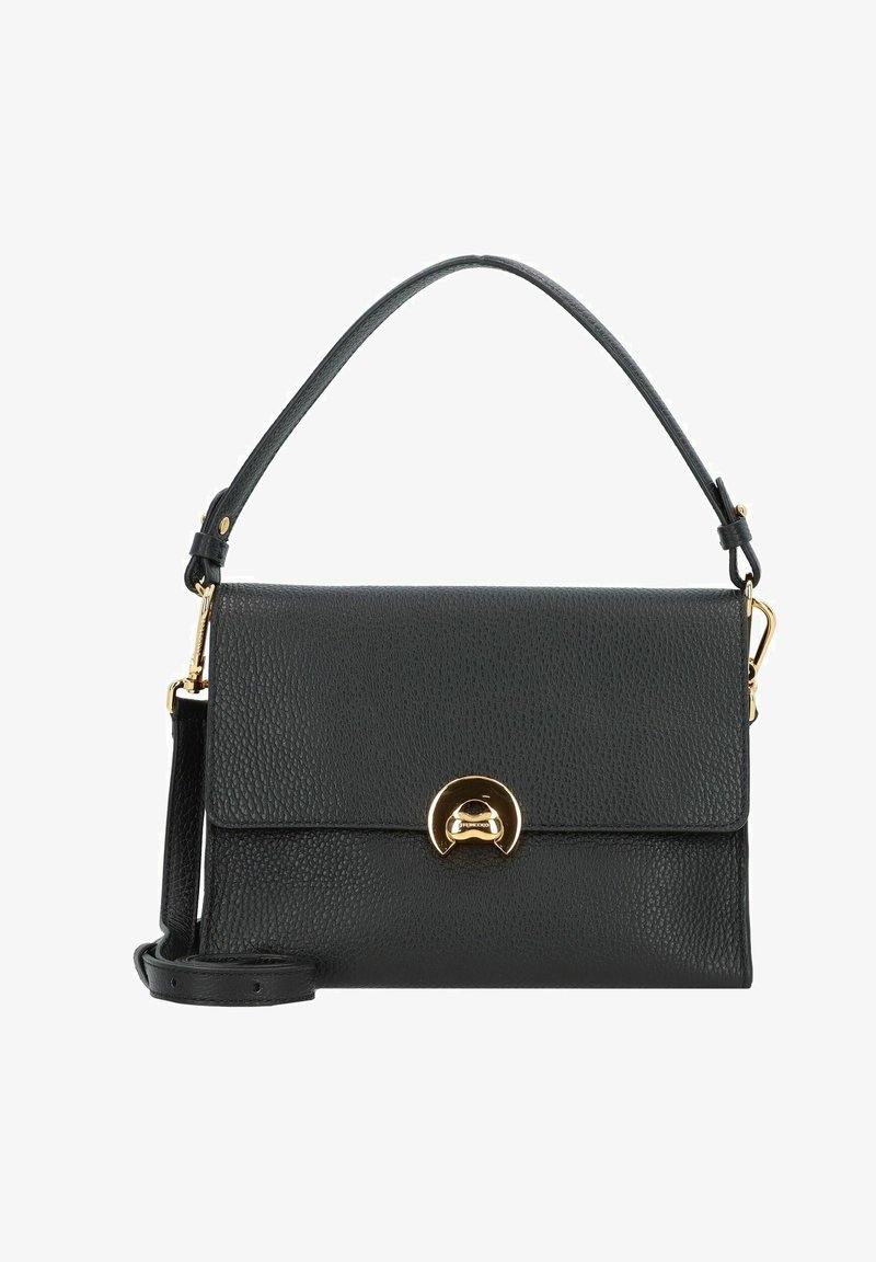 Borsa a mano in pelle nera con finitura texturizzata, manico superiore, tracolla rimovibile e dettagli in hardware dorato. Forma rettangolare compatta.