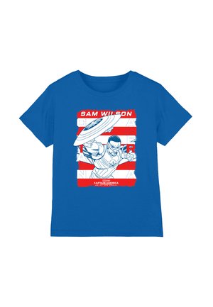 Blue cotton T-shirt featuring a graphic of a character holding a shield, with red and white horizontal stripes and text.