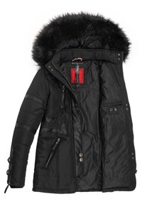 Black insulated parka jacket with a faux fur-lined hood, zippered pockets, and quilted texture. Features leather accents and snap closures.