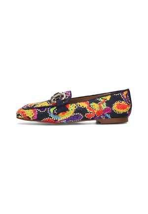 Embroidered flat shoe in navy with vibrant floral patterns in pink, green, orange, and yellow; features a metallic buckle detail.