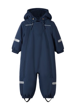 Marineblauwe waterdichte sneeuwoverall met een fleece gevoerde capuchon, elastische boorden, twee voorzakken en reflecterende stroken op de mouwen en benen.