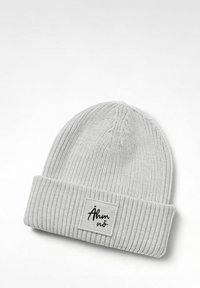 Grey knit beanie hat featuring a ribbed texture and a folded cuff. Includes a rectangular tag with black text.