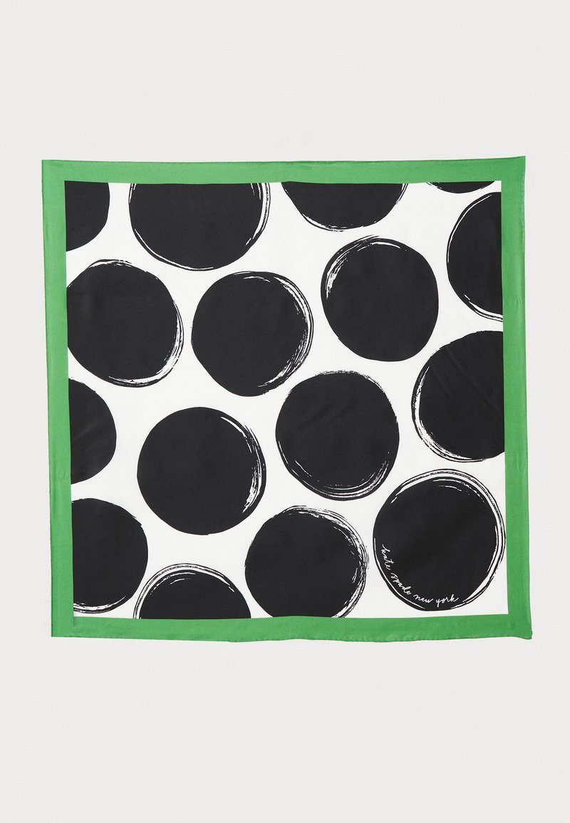 Silk scarf featuring a white background with large black circular patterns, bordered by a bright green trim. Smooth texture.