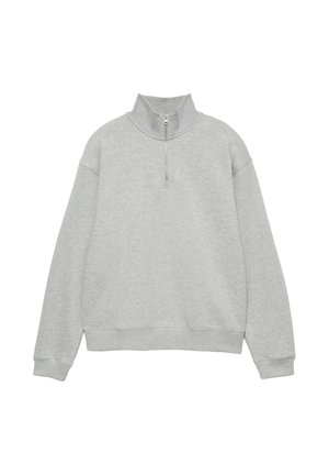 Hellgrauer Langarm-Sweatshirt mit hohem Kragen und vorderem halben Reißverschluss, gerippten Bündchen und Saum.