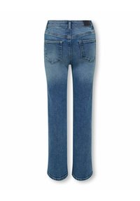 Modre jeans hlače s ravnim krojem, z zadnjimi žepi in rahlo zbledelostjo. Tkanina je teksturirana s klasičnim tkanim vzorcem.