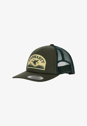 Dark green Carhartt snapback cap with mesh back and patch showing flying duck and grass on front panel.
