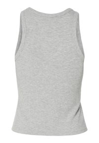 Débardeur sans manches côtelé gris clair avec un col rond, vu de dos sur un fond blanc.