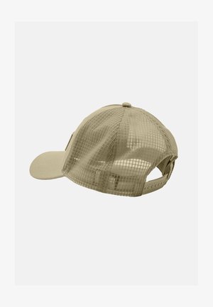 Gorra de béisbol beis con visera curva, hecha de tejido texturizado. Parte trasera de malla para ventilación y correa ajustable para el tamaño.