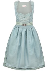 Helles blaues Kleid mit einem taillierten, gemusterten Oberteil und einem ausgestellten Rock. Verfügt über einen Taillengürtel mit dekorativer silberner Hardware. Glatte Textur.