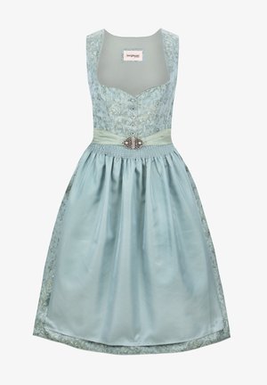 Traditionelles Kleid mit einem taillierten Oberteil aus leicht grünem Stoff, dreiviertellangen Spitzenärmeln, einem plissierten Rock und dekorativen Knopfdetails.