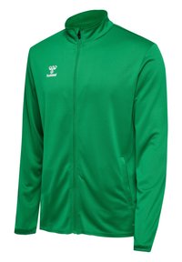 Veste verte zippée avec un col haut, fabriquée en matériau synthétique lisse. Présente des poches latérales et un petit logo en haut à gauche.