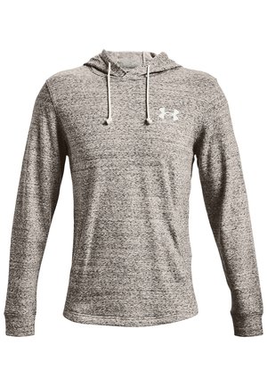 Lekki szary hoodie z teksturowanym, melanzowym wzorem. Posiada sznurki w kapturze oraz małe białe logo na lewej piersi.