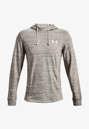 Lekki szary hoodie z teksturowanym, melanzowym wzorem. Posiada sznurki w kapturze oraz małe białe logo na lewej piersi.