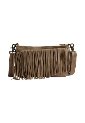 Bézs velúrból készült, téglalap alakú fröccsöntött crossbody táska. Hosszú, lógó bojt részletekkel és levehető pánttal rendelkezik.