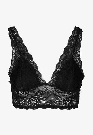 Zwarte kanten bralette met golvende randen, een V-halsontwerp, getextureerde bloempatronen en verstelbare schouderbandjes. Geen beugel.