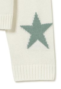 Manga de suéter blanco de punto con puño acanalado y gran patrón de estrella verde tejido en la tela.