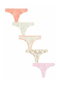 Cinque paia di perizomi da donna: rosa pallido, bianco con bordo arancione, bianco con pois, motivo floreale e bianco semplice.