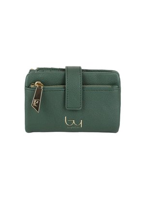 Portafoglio in pelle verde testurizzata con cerniera dorata, chiusura a scatto e logo metallico sulla parte anteriore.