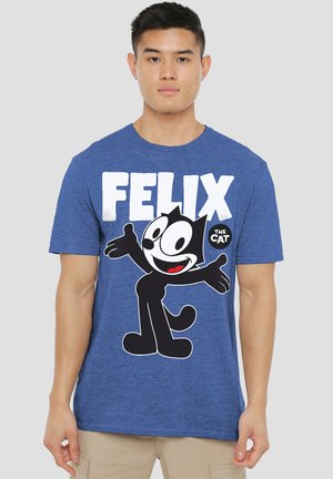 Young man wearing a blue t-shirt with a large Felix the Cat cartoon and white "FELIX" text on the front.
