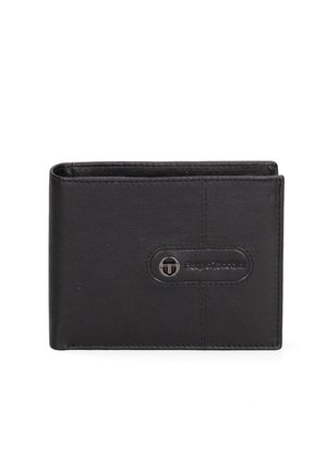 Black leather wallet with a textured finish, foldable design, and a circular brand emblem with stitching details.