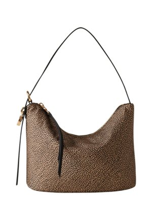 Borsa a tracolla marrone e nera con texture, parte superiore curva, sottile tracolla nera e dettaglio della cerniera tono oro.