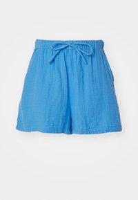 Shorts ușor, de culoare albastră, confecționați dintr-un material moale. Au un elastic în talie cu fundiță și buzunare laterale. Finisaj texturat.