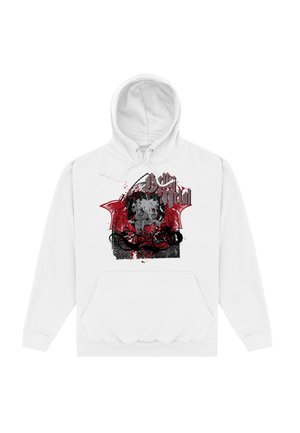 Hvid hoodie med grafisk print i røde nuancer, der viser en karakter under en sort paraply, omgivet af abstrakte designs.