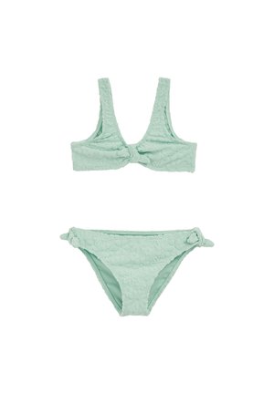 Mintgrünes Bikini-Set mit einem strukturierten Blumenmuster, einem Knoten-Detail am Oberteil und seitlichen Bindungen am Unterteil.