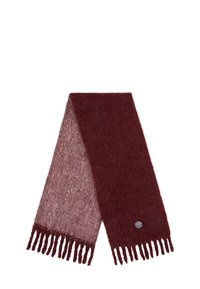 Bordeaux en lichtroze gradient sjaal van zacht materiaal, met franjes aan de randen en een klein logo detail aan één uiteinde.