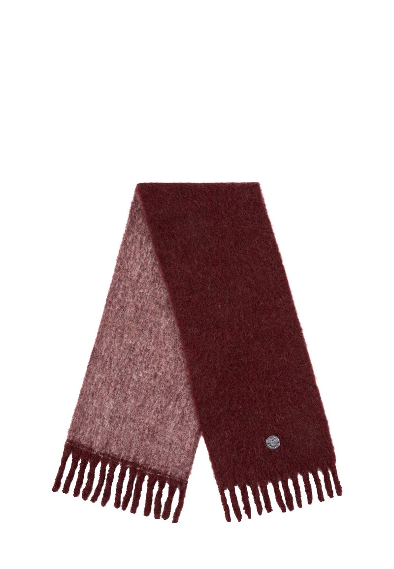 Bordeaux en lichtroze gradient sjaal van zacht materiaal, met franjes aan de randen en een klein logo detail aan één uiteinde.