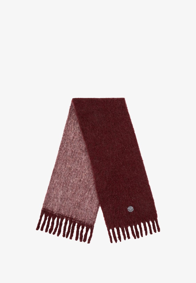 Bordeaux en lichtroze gradient sjaal van zacht materiaal, met franjes aan de randen en een klein logo detail aan één uiteinde.