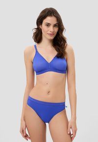 Blue wireless bralette with adjustable straps and a V-neck; matching blue high-waisted briefs, both in smooth, stretchy fabric.