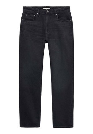 Jean en denim noir avec une coupe droite, comportant cinq poches, un bouton de fermeture et des détails de couture subtils. Tissu doux et durable.