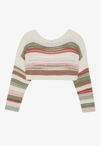 Pull court en maille crème avec des rayures horizontales multicolores : vert olive, rose et rouille. Doté d'un large encolure et de manches longues.