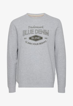 Grå hettegenser laget av bomullsblanding, med rund hals, lange ermer og fronttrykk med "BLUE DENIM" og "CLAIM YOUR RIGHTS."