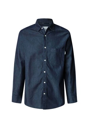 Dark blue button-up shirt made of denim fabric, featuring long sleeves, a front pocket, and a classic collar. White buttons enhance the design.
