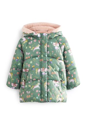 Veste matelassée verte pour enfant avec capuche, avec des motifs roses de fées, licornes, papillons et fleurs, et une doublure intérieure rose douce.