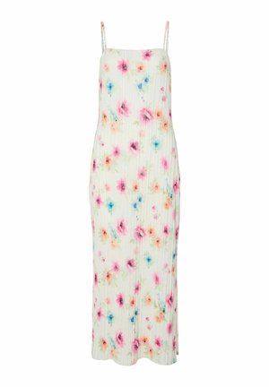 Vestido midi floral con tirantes finos, con un fondo verde claro, textura acanalada y patrones de flores en rosa, azul y naranja.
