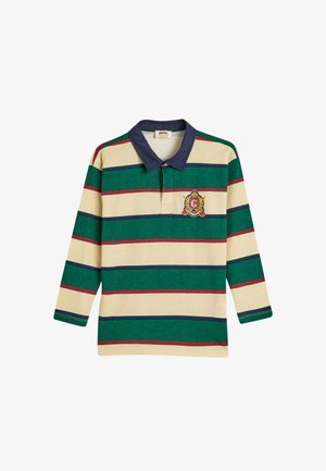 Langsleeve polo shirt met groene, marineblauwe en bordeauxrode strepen op een crème achtergrond. Heeft een marineblauwe kraag en een wapenembleem op de borst.