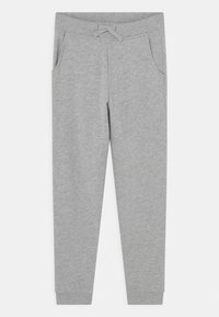 Grå bomuldsblandede sweatpants med elastisk talje, snor og sidelommer. Tapered ben-design med ribbede manchetter ved anklerne.