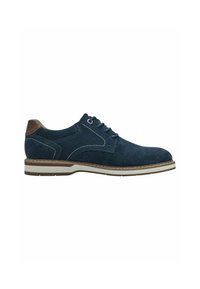 Scarpa in suede blu navy con tomaia texturizzata, cuciture bianche e dettagli in pelle marrone sul tallone. Presenta un classico design con lacci.