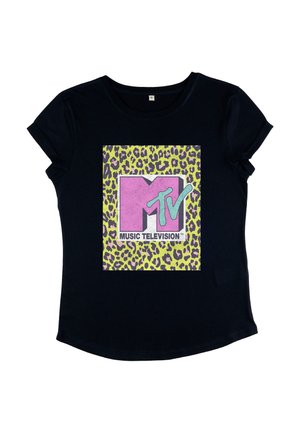 Sort T-shirt med korte ærmer og et neongrønt og lilla leopardprintet firkant, der indeholder en pink MTV-logo og teksten "Music Television".