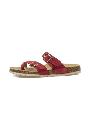 Sandalia de ante rojo con dos correas ajustables con hebilla, plantilla de corcho y suela texturizada beige, mostrada en perfil lateral.